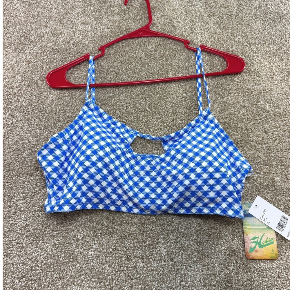 Hobie Womens Blue White Gingham Keyhole Bikini Top XL New Swim Boho Skater